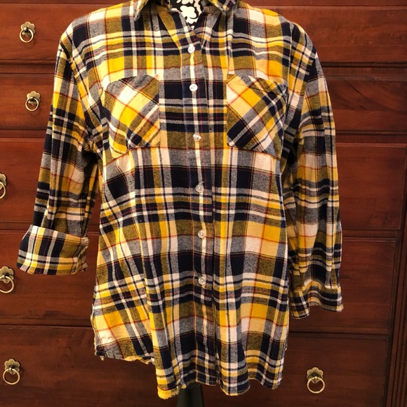 Ladies Blue and Yellow Plaid Flannel Shirt - Picture 2 of 7